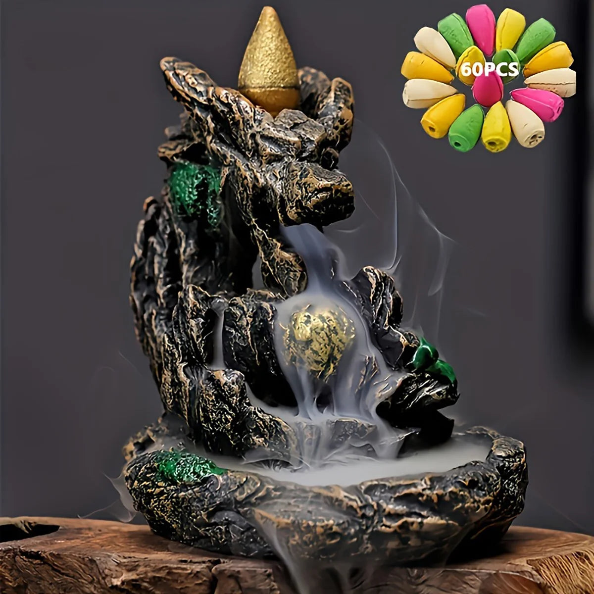 Räucherkegelhalter „Bergwasserfall“ – Aromatherapie & Dekoration aus Kunstharz mit 60 Duftkegeln