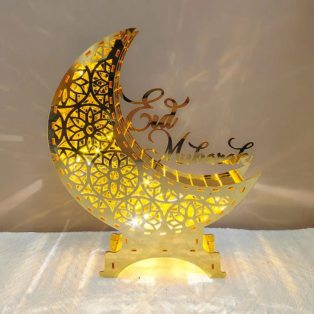 Ramadan & Eid Acryl-Dekoration – Goldener Mond mit Beleuchtung