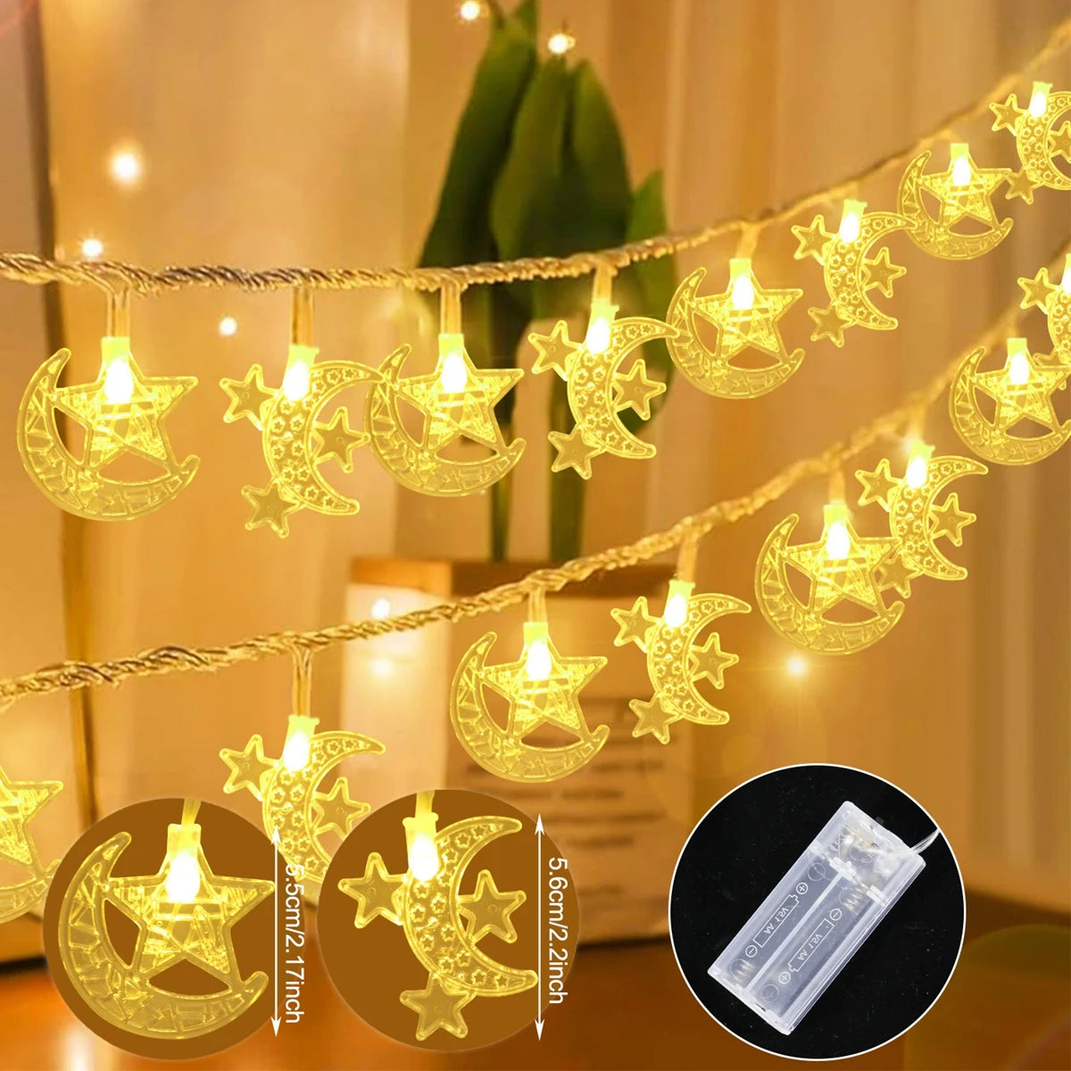 LED Lichterkette Stern & Mond – Batteriebetrieben, Warmweiß oder Bunt
