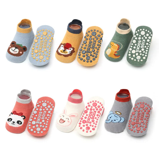6 Paar Kinder-Baumwollsocken – Süße rutschfeste Bodensocken mit Cartoon-Tiermotiv, atmungsaktiv & bequem für Babys
