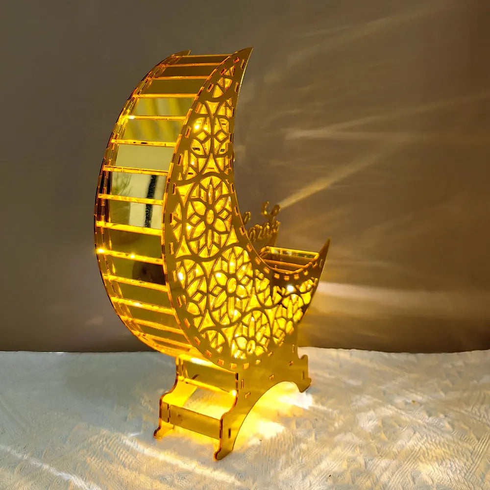 Ramadan & Eid Acryl-Dekoration – Goldener Mond mit Beleuchtung