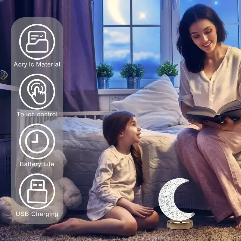 Kristall-Mondlampe – Touch-Dimmbar, USB-Wiederaufladbar, 3 Lichtfarben, LED-Nachtlicht für Schlafzimmer & Wohnambiente