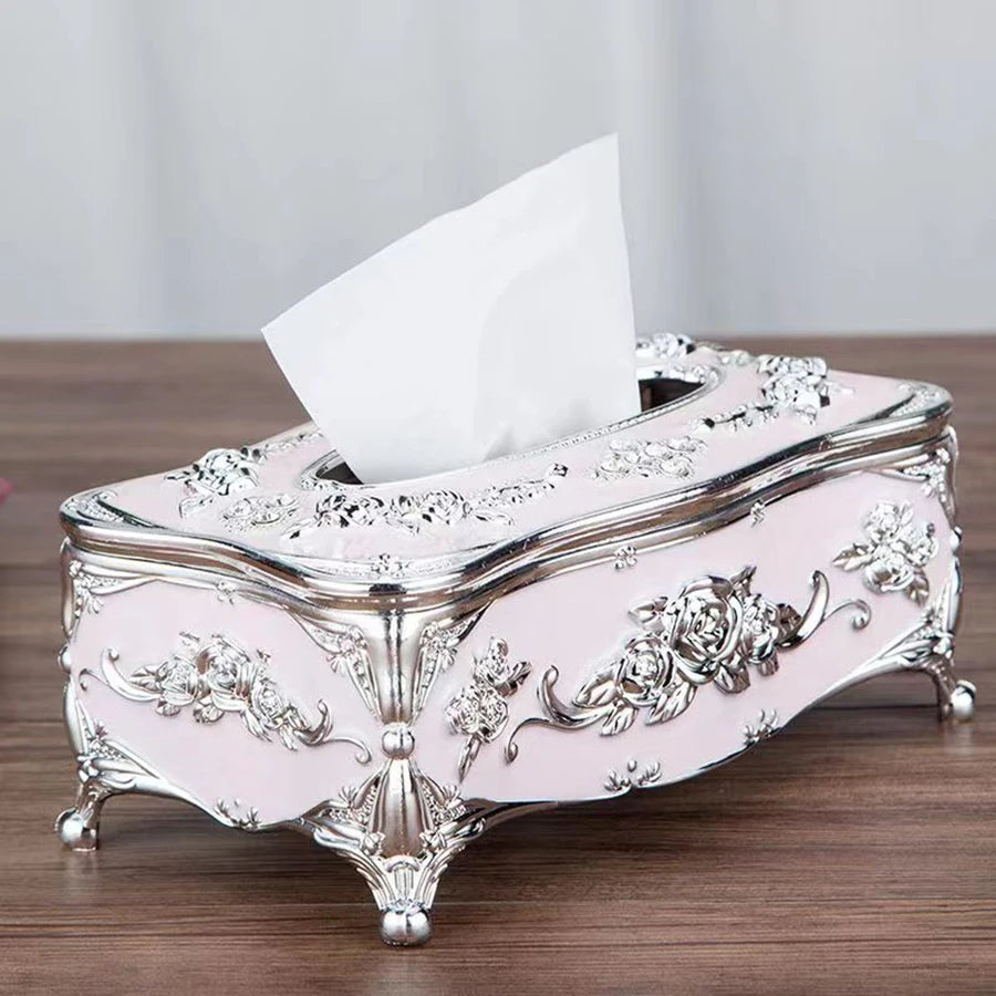 Europäische Taschentuchbox – Luxuriöser Tischspender mit Blumenverzierung, Hochwertiger Serviettenhalter für Wohnzimmer, Küche oder Hotel