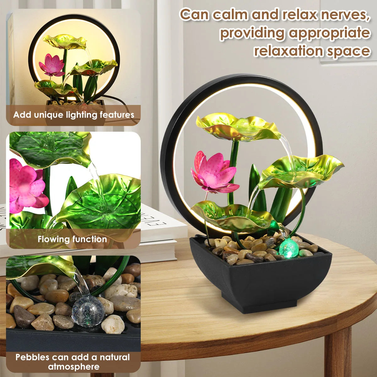 LED-Tischbrunnen Lotus mit fließendem Wasser und Kieseln – USB-betrieben, entspannende Indoor-Wasserfall-Dekoration