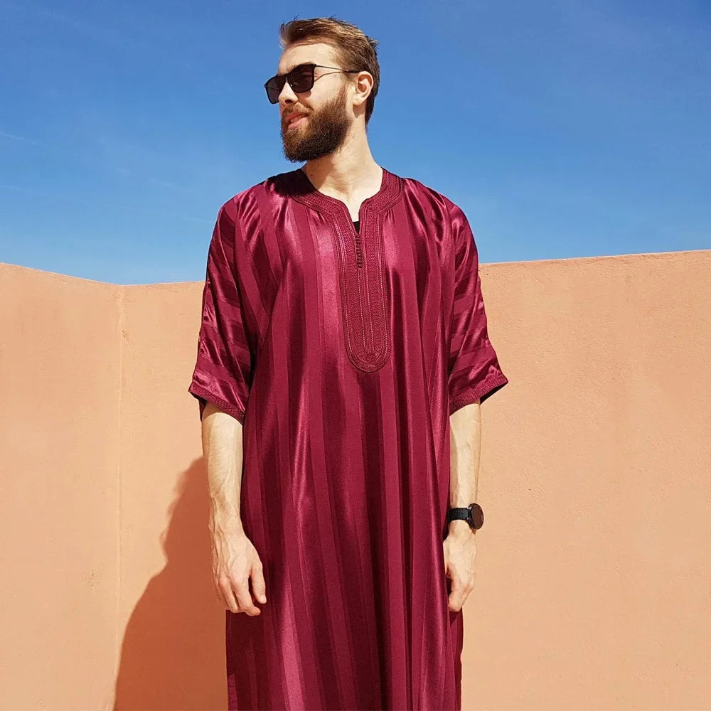 Eleganter Marokkanischer Kaftan für Herren – Lockerer Schnitt mit Traditionellem Stickmuster