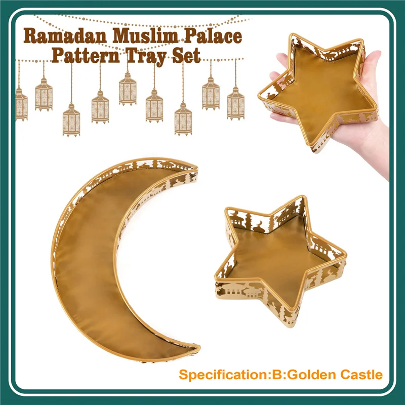 Ramadan Serviertablett Set – Halbmond & Stern aus goldenem Metall