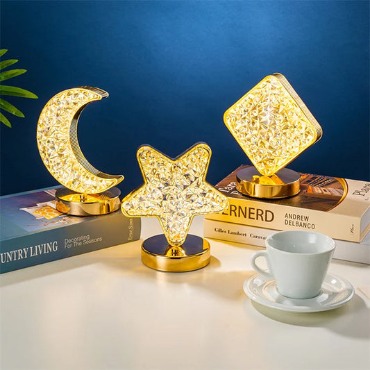 LED Kristall-Lampe mit Stern & Mond – Touch-Dimmer, 3 Farben, wiederaufladbar
