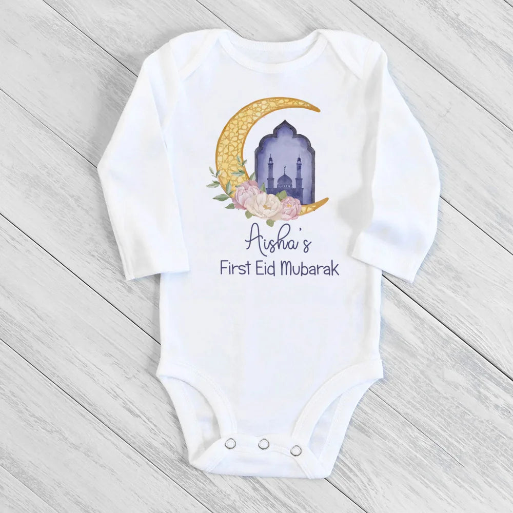 Baby Body „My First Eid“ – Langarm-Strampler für Jungen & Mädchen, Personalisierbar