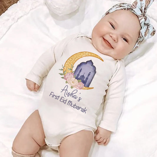 Baby Body „My First Eid“ – Langarm-Strampler für Jungen & Mädchen, Personalisierbar