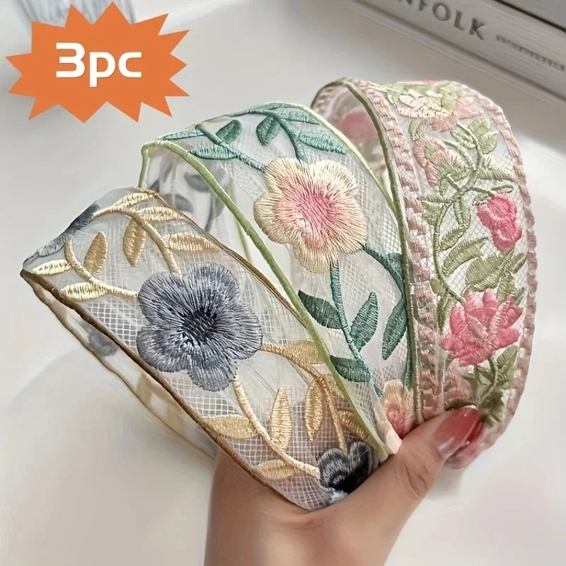 3er Set Elegante Chiffon Haarreifen mit Blumenstickerei – Vintage Haaraccessoires für Damen, Boho Chic Haarbänder für Alltag & besondere Anlässe