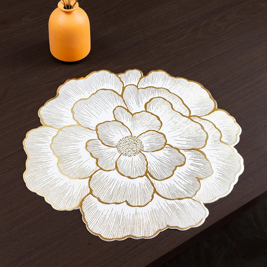 Goldfarbener PVC-Blumen-Tischuntersetzer – Elegante hitzebeständige Tischdeko für Esstisch