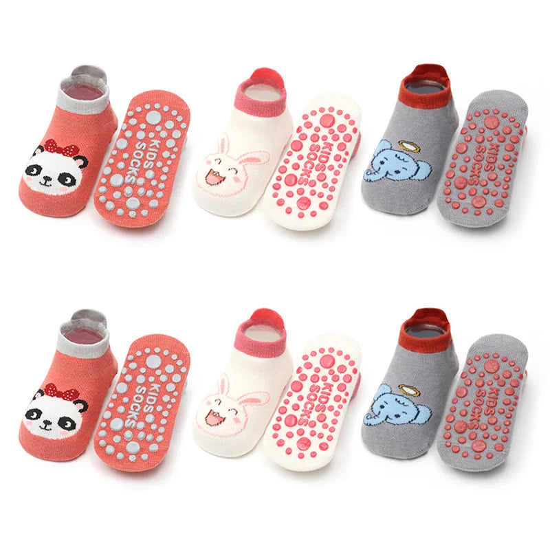 6 Paar Kinder-Baumwollsocken – Süße rutschfeste Bodensocken mit Cartoon-Tiermotiv, atmungsaktiv & bequem für Babys