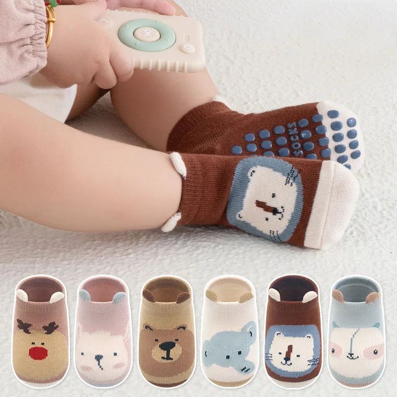 6 Paar rutschfeste Kinder-Baumwollsocken – Süße Cartoon-Tiermotive, Atmungsaktive & Bequeme Babysocken für den Innenbereich