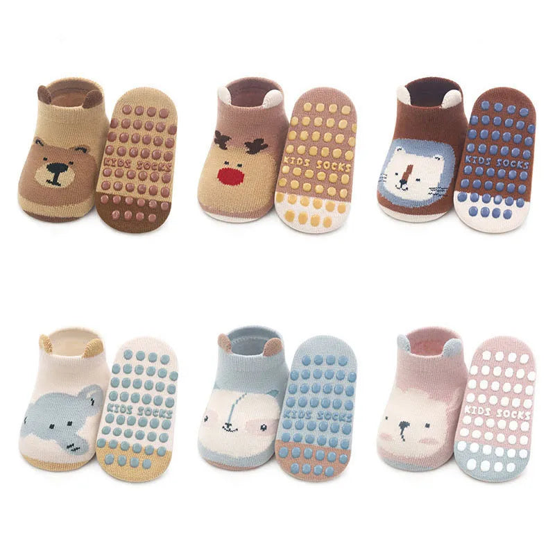6 Paar rutschfeste Kinder-Baumwollsocken – Süße Cartoon-Tiermotive, Atmungsaktive & Bequeme Babysocken für den Innenbereich