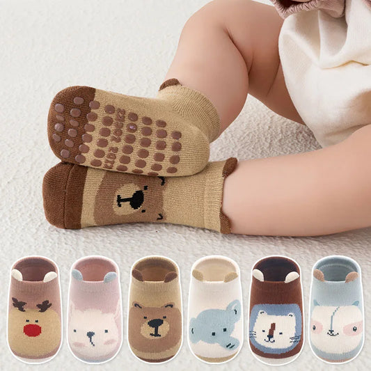 6 Paar rutschfeste Kinder-Baumwollsocken – Süße Cartoon-Tiermotive, Atmungsaktive & Bequeme Babysocken für den Innenbereich