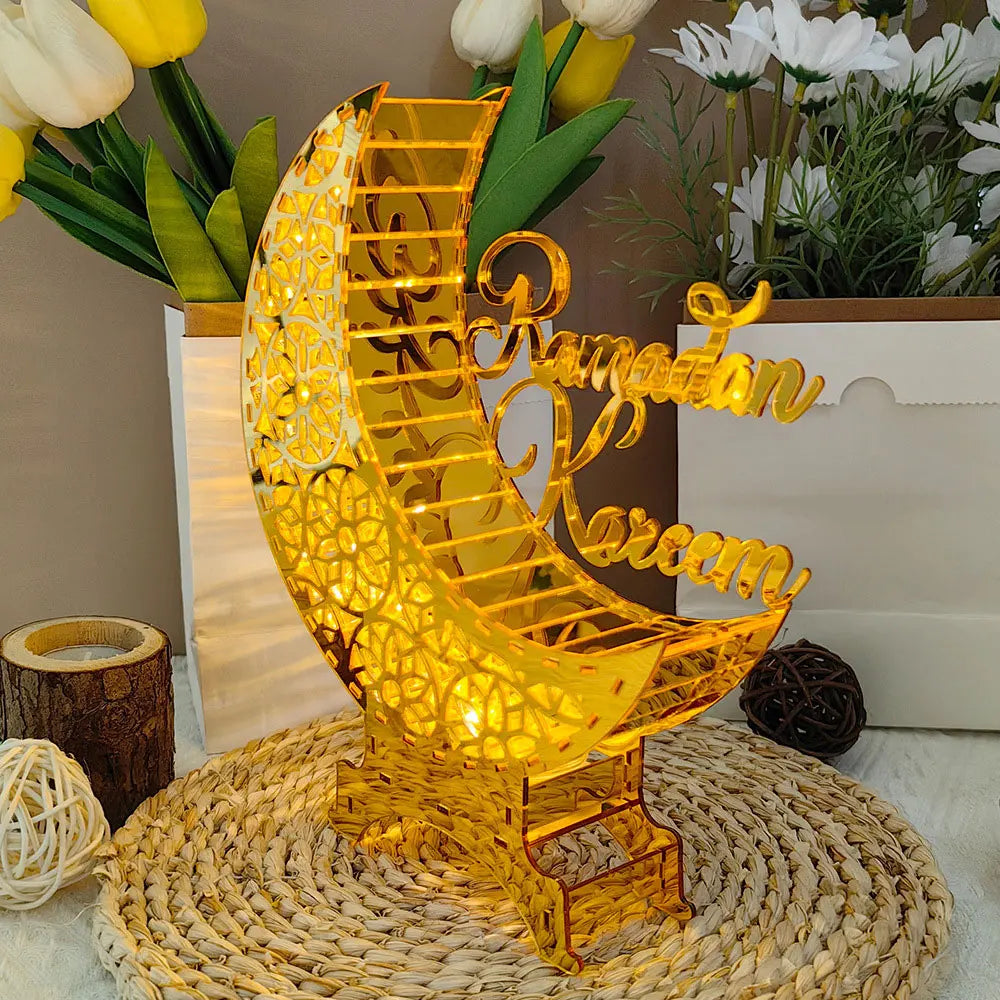 Ramadan & Eid Acryl-Dekoration – Goldener Mond mit Beleuchtung