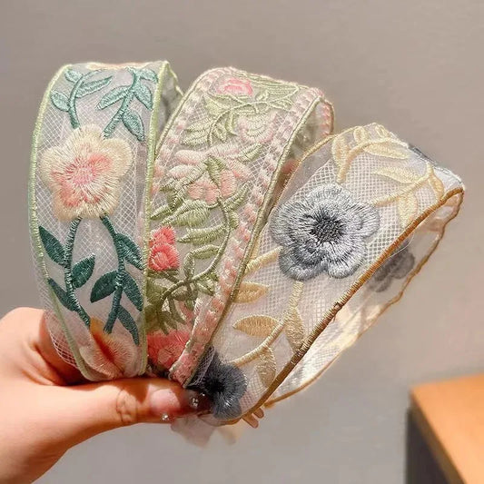 3er Set Elegante Chiffon Haarreifen mit Blumenstickerei – Vintage Haaraccessoires für Damen, Boho Chic Haarbänder für Alltag & besondere Anlässe