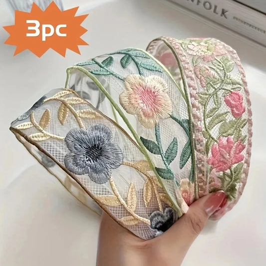 3er Set Elegante Chiffon Haarreifen mit Blumenstickerei – Vintage Haaraccessoires für Damen, Boho Chic Haarbänder für Alltag & besondere Anlässe