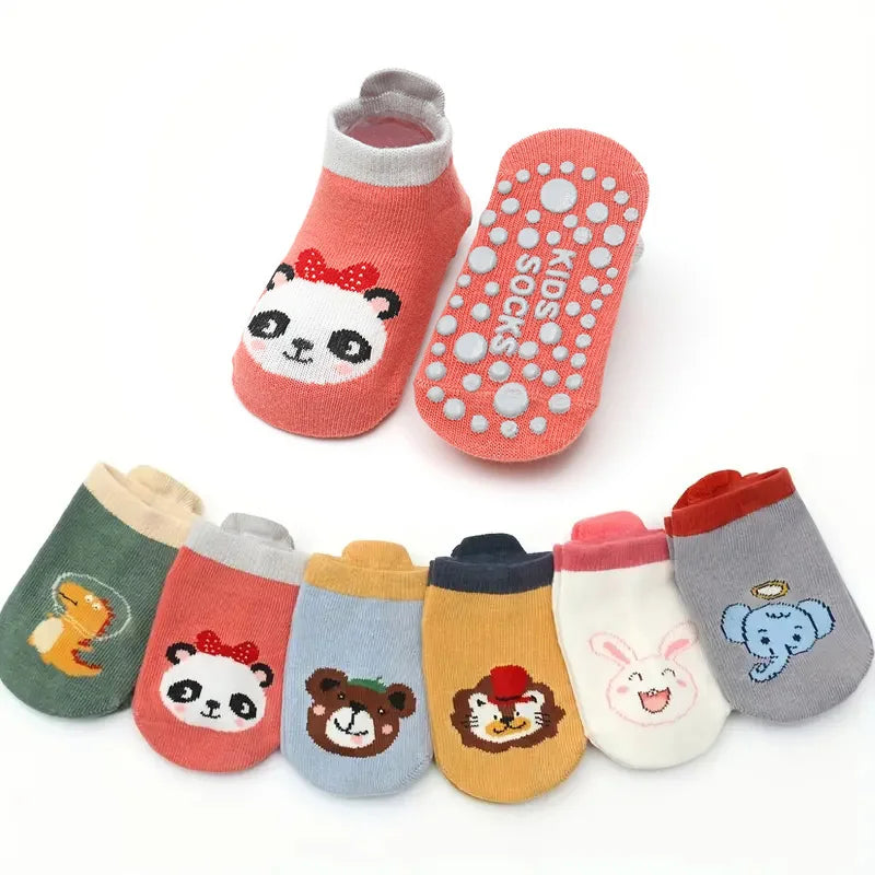 6 Paar Kinder-Baumwollsocken – Süße rutschfeste Bodensocken mit Cartoon-Tiermotiv, atmungsaktiv & bequem für Babys