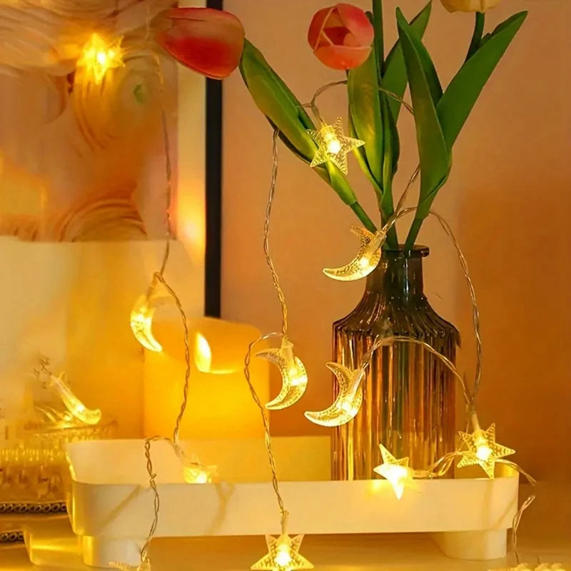 LED Lichterkette Stern & Mond – Batteriebetrieben, Warmweiß oder Bunt