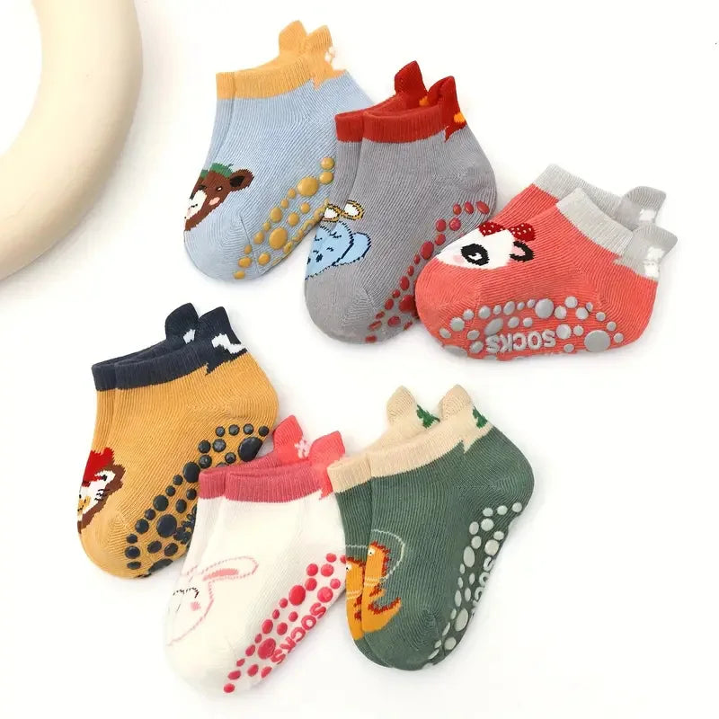 6 Paar Kinder-Baumwollsocken – Süße rutschfeste Bodensocken mit Cartoon-Tiermotiv, atmungsaktiv & bequem für Babys