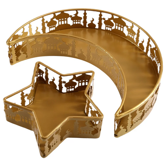 Ramadan Serviertablett Set – Halbmond & Stern aus goldenem Metall