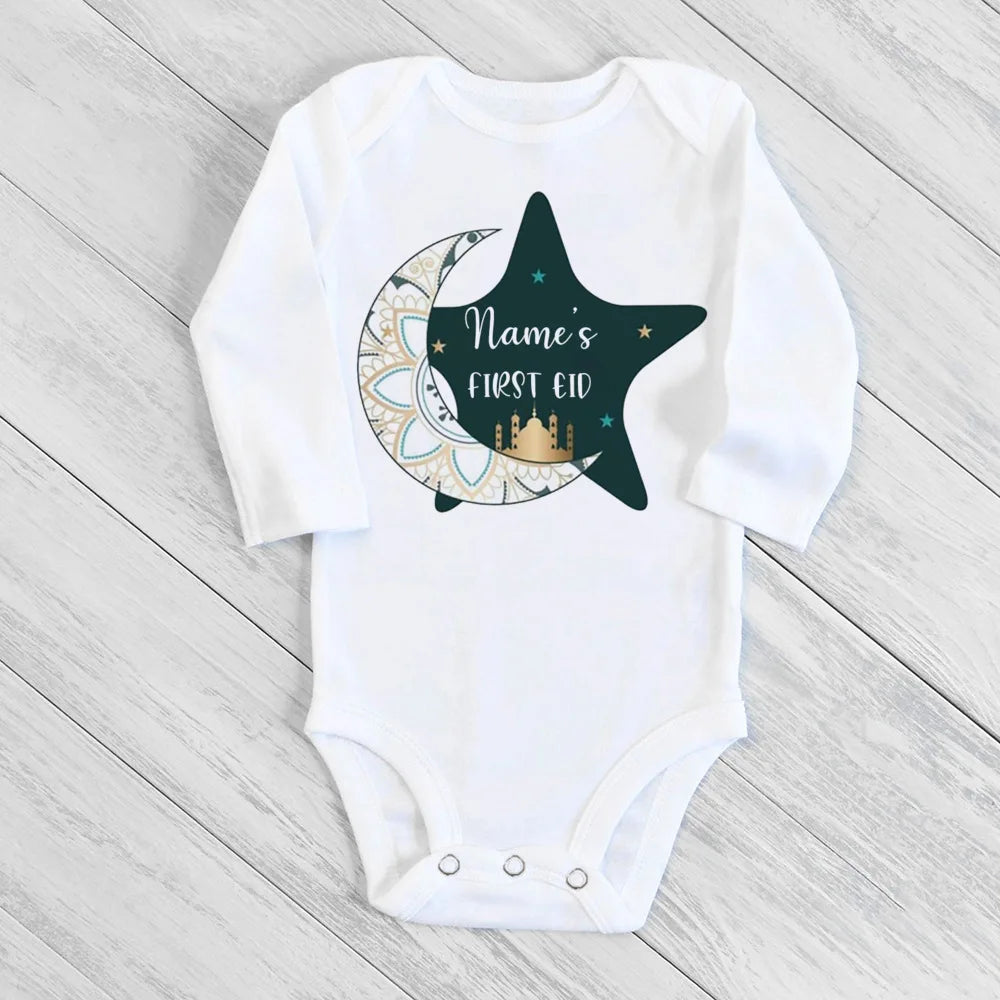 Baby Body „My First Eid“ – Langarm-Strampler für Jungen & Mädchen, Personalisierbar
