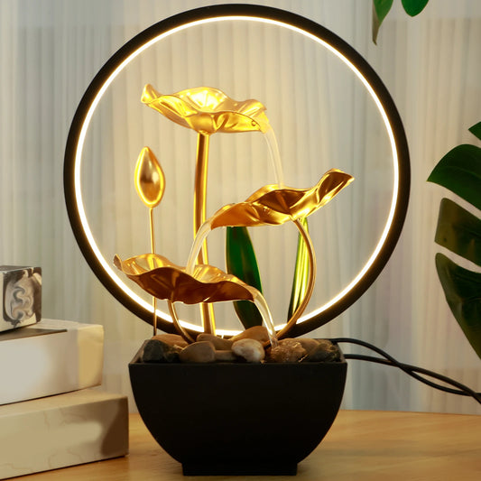 LED-Tischbrunnen Lotus mit fließendem Wasser und Kieseln – USB-betrieben, entspannende Indoor-Wasserfall-Dekoration