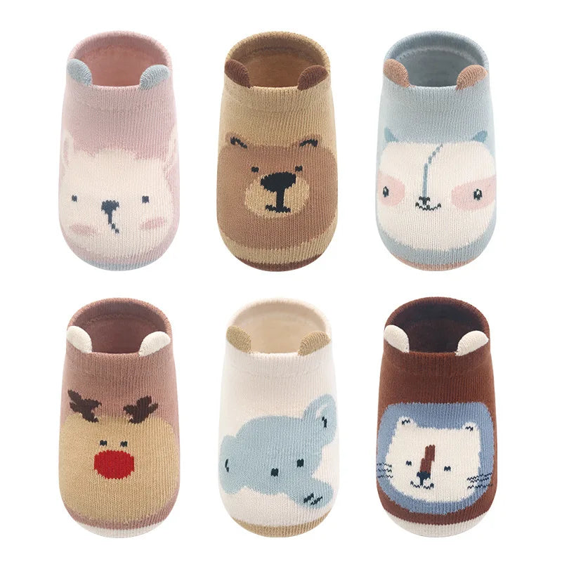 6 Paar rutschfeste Kinder-Baumwollsocken – Süße Cartoon-Tiermotive, Atmungsaktive & Bequeme Babysocken für den Innenbereich