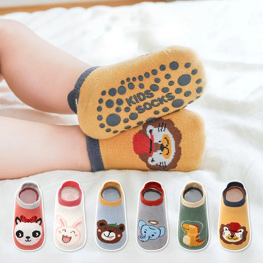 6 Paar Kinder-Baumwollsocken – Süße rutschfeste Bodensocken mit Cartoon-Tiermotiv, atmungsaktiv & bequem für Babys