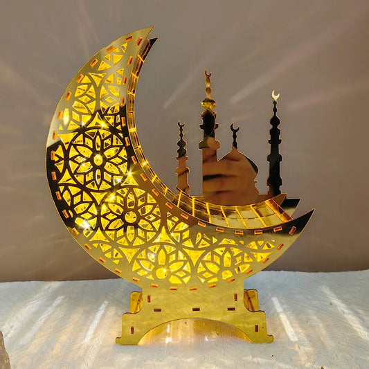 Ramadan & Eid Acryl-Dekoration – Goldener Mond mit Beleuchtung