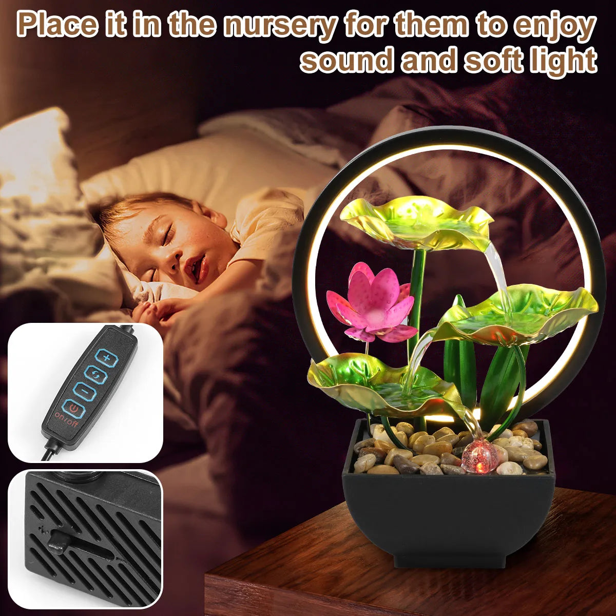 LED-Tischbrunnen Lotus mit fließendem Wasser und Kieseln – USB-betrieben, entspannende Indoor-Wasserfall-Dekoration