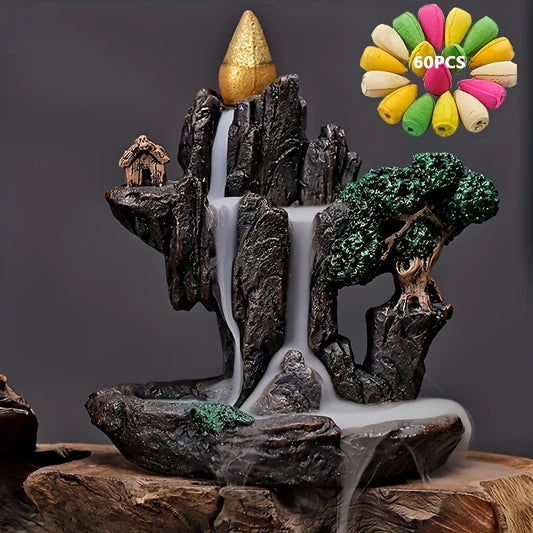 Räucherkegelhalter „Bergwasserfall“ – Aromatherapie & Dekoration aus Kunstharz mit 60 Duftkegeln