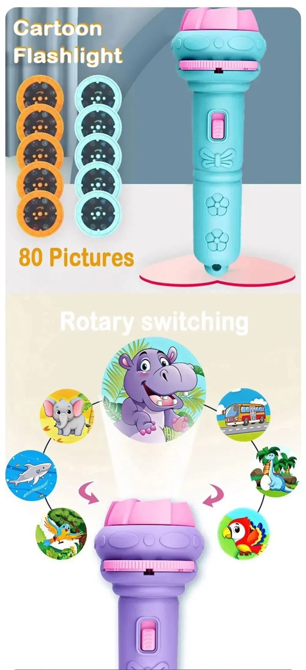 Kinder Taschenlampe mit Cartoon-Projektion – 80 Bilder