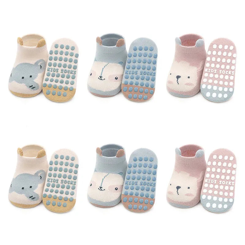 6 Paar rutschfeste Kinder-Baumwollsocken – Süße Cartoon-Tiermotive, Atmungsaktive & Bequeme Babysocken für den Innenbereich